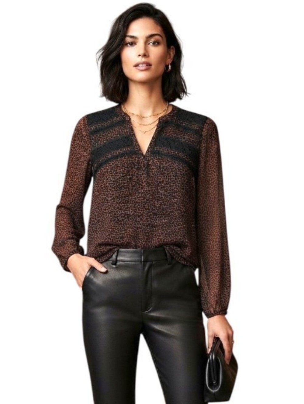 White House Black Market Brown Leopard Print Blouse Sheer Sleeve Small Career